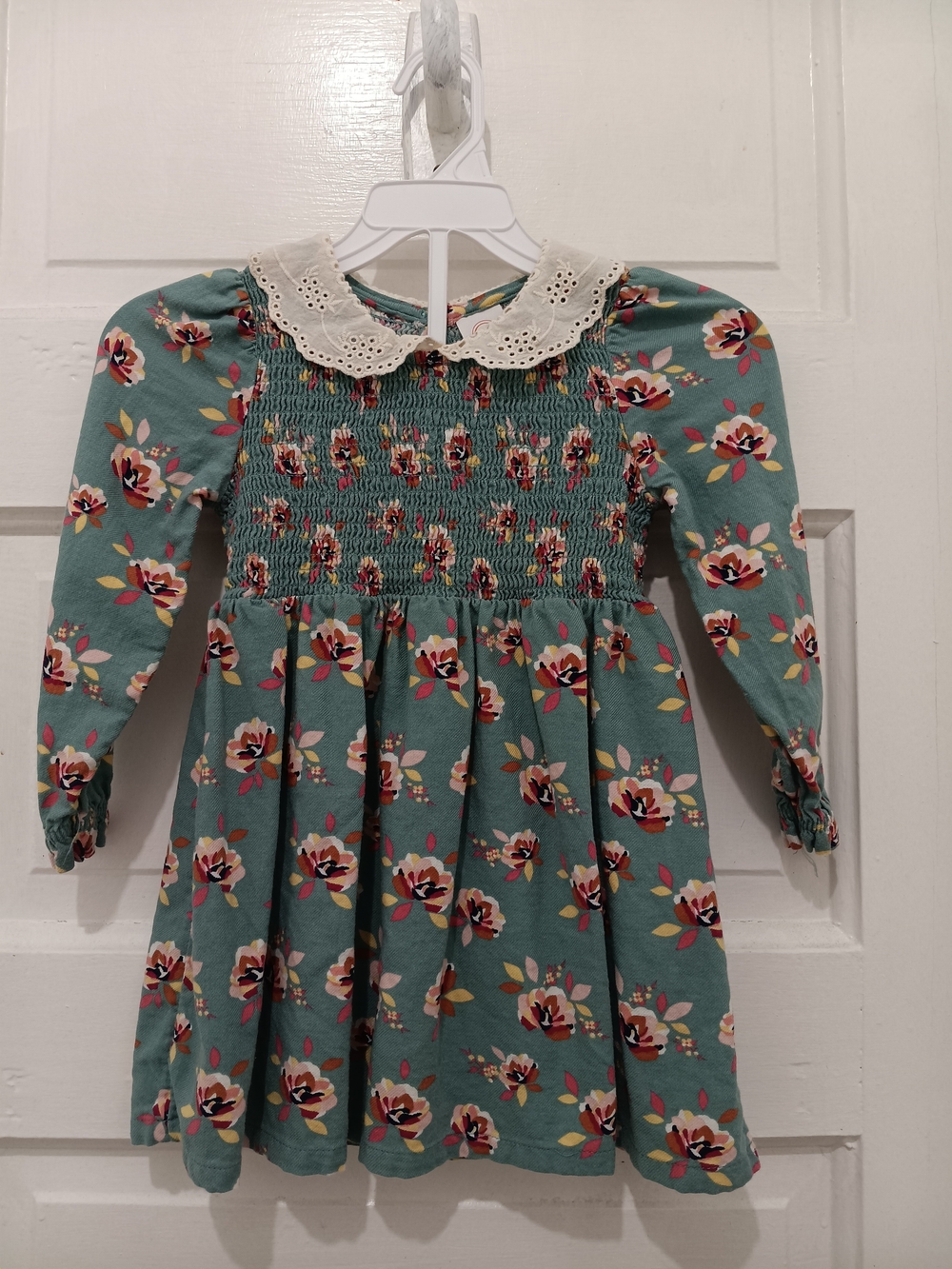 Girls Green Floral Smocked Dress with Eyelet Collar